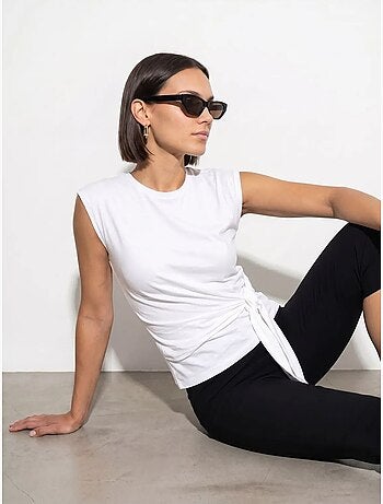 DILVIN T-shirt femme en coton sans manches à col rond et lien
