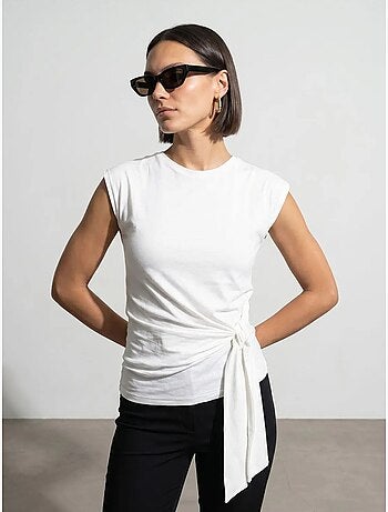 DILVIN T-shirt femme en coton sans manches à col rond et lien