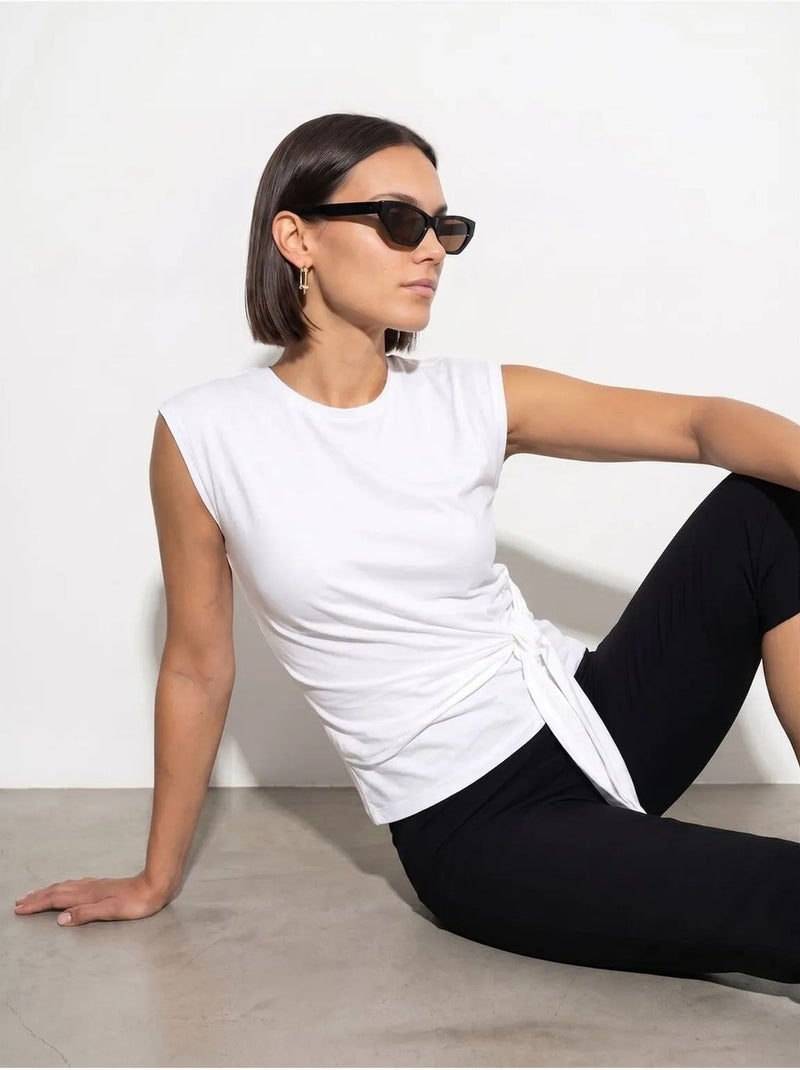 DILVIN T-shirt femme en coton sans manches à col rond et lien Blanc - Kiabi