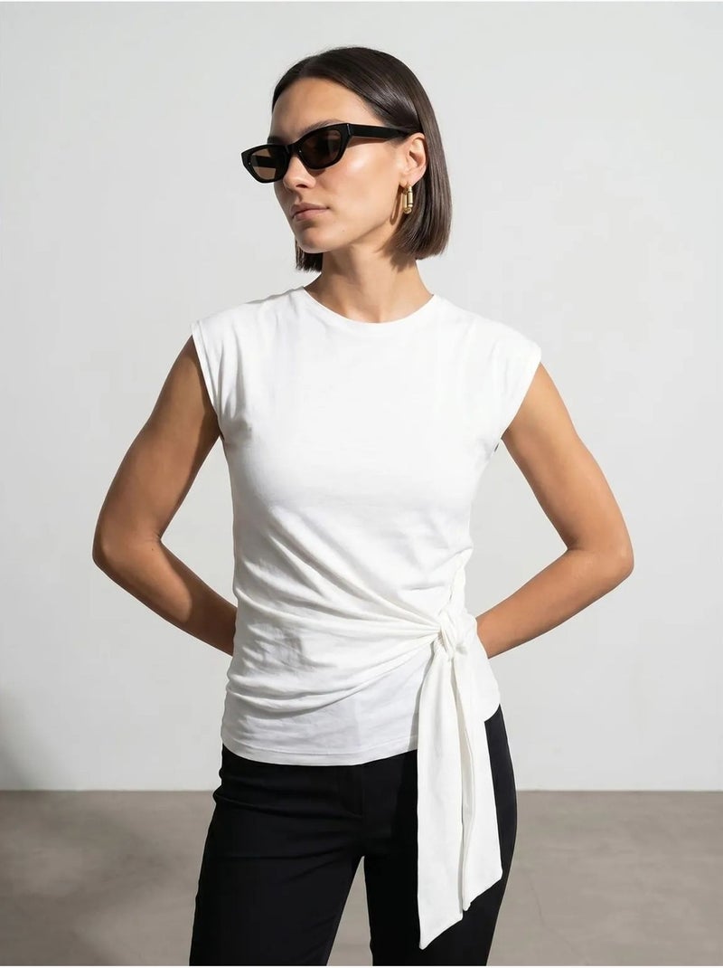 DILVIN T-shirt femme en coton sans manches à col rond et lien Blanc - Kiabi