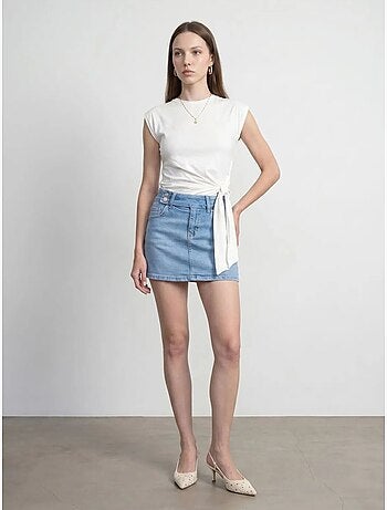 DILVIN T-shirt femme en coton sans manches à col rond et lien