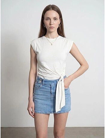 DILVIN T-shirt femme en coton sans manches à col rond et lien