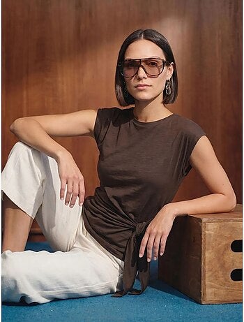 DILVIN T-shirt femme en coton sans manches à col rond et lien