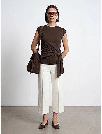 DILVIN T-shirt femme en coton sans manches à col rond et lien