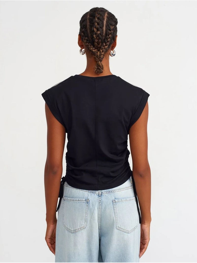 DILVIN T-shirt Femme Sans Manches En Coton, Col Rond Et Lien Noir - Kiabi
