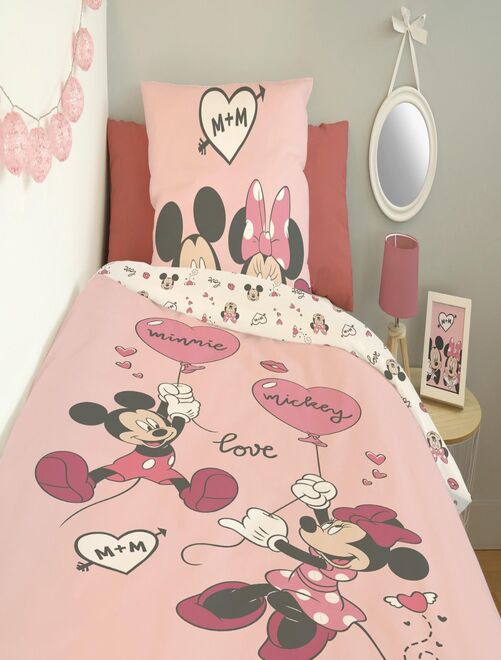 DISNEY - Housse de couette Mickey et Minnie 140x200 cm - 100% Coton - Rose - Kiabi