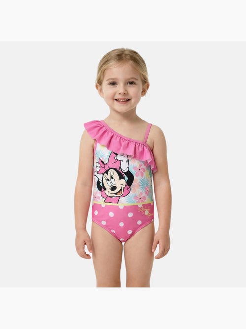 Disney - Maillot de bain fille 1 pièce asymétrique rose à pois motif personnage - Kiabi
