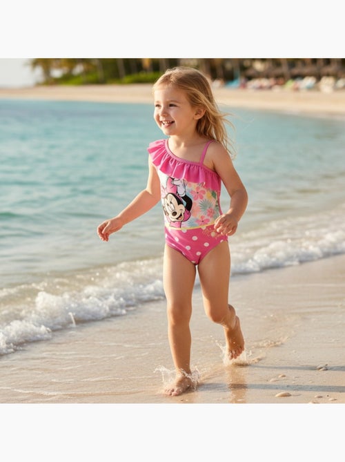 Disney - Maillot de bain fille 1 pièce asymétrique rose à pois motif personnage - Kiabi