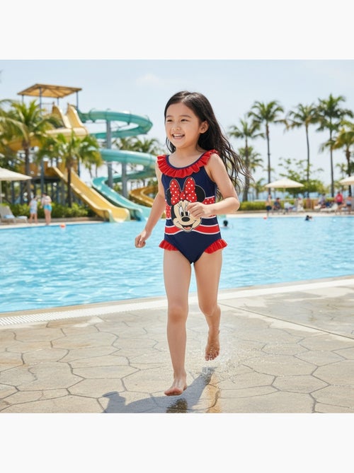 Disney - Maillot de bain fille 1 pièce bleu marine à volants motif personnage - Kiabi