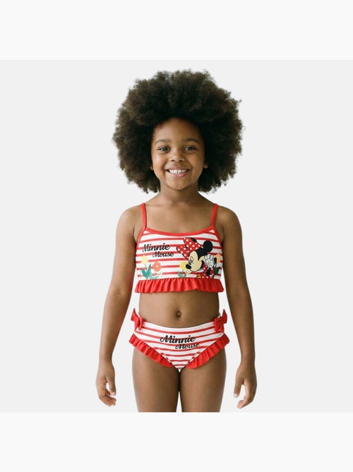 Disney - Maillot de bain fille 2 pièces rouge rayé avec volants motif personnage - Kiabi