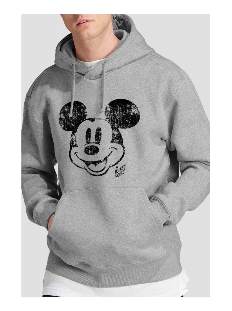 Disney - Sweat à capuche motif visage de Mickey Mouse style usé Gris chiné - Kiabi