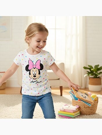 Disney - T-shirt enfant manches courtes blanc à pois motif personnage