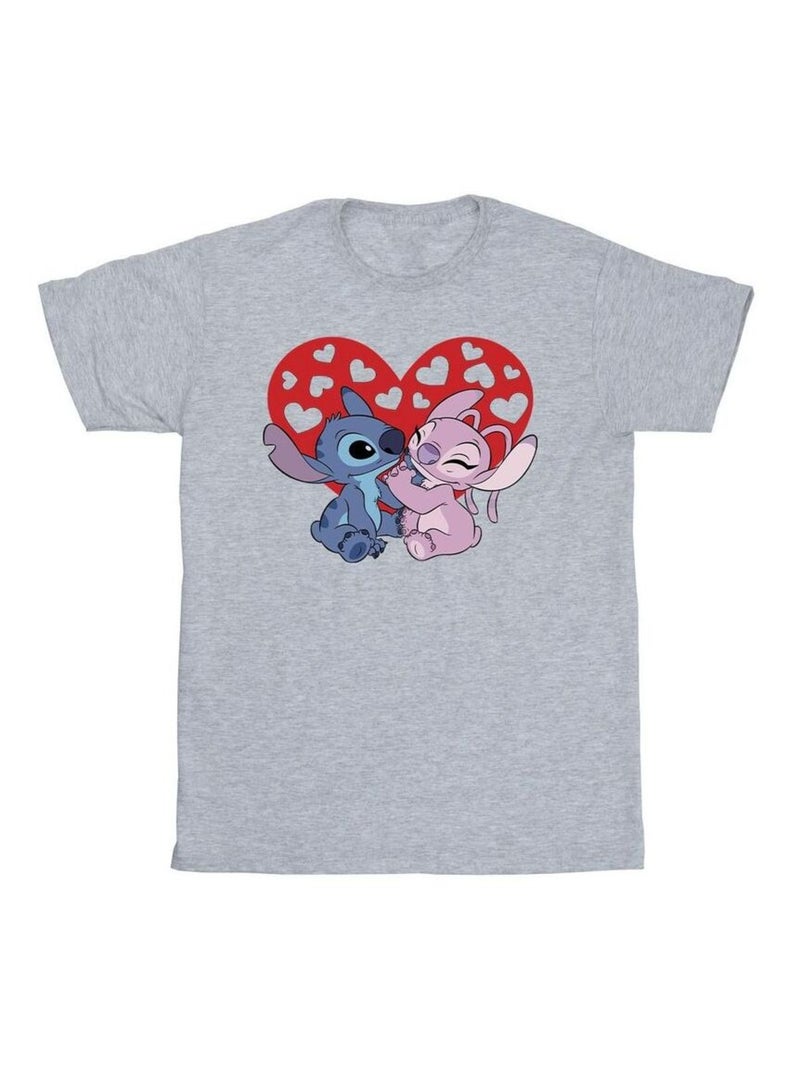 Disney - T-shirt motif Lilo et Stitch motif/style Cœurs Gris chiné - Kiabi