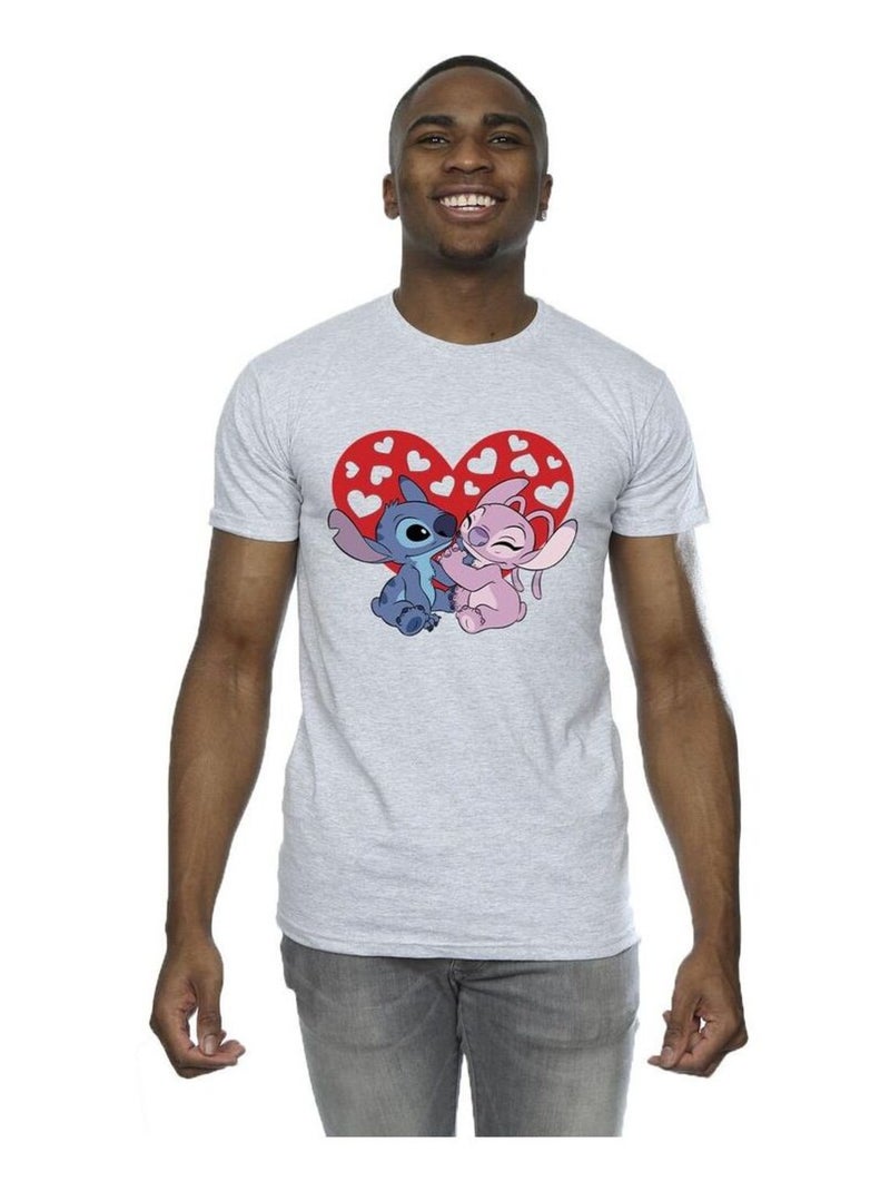 Disney - T-shirt motif Lilo et Stitch motif/style Cœurs Gris chiné - Kiabi