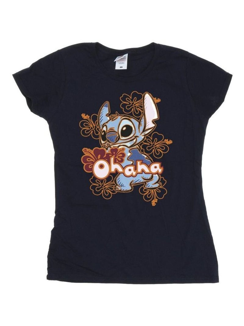 Disney - T-shirt motif Lilo et Stitch motif/style Hibiscus OHANA Bleu marine - Kiabi