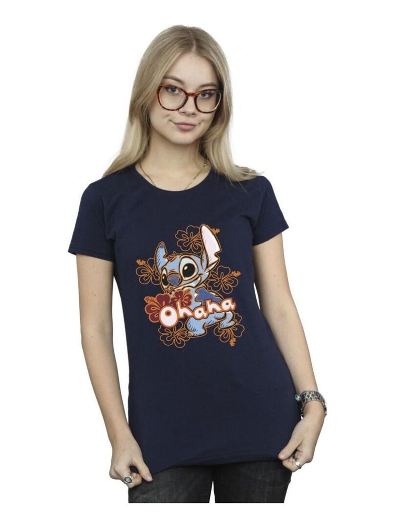 Disney - T-shirt motif Lilo et Stitch motif/style Hibiscus OHANA Bleu marine - Kiabi