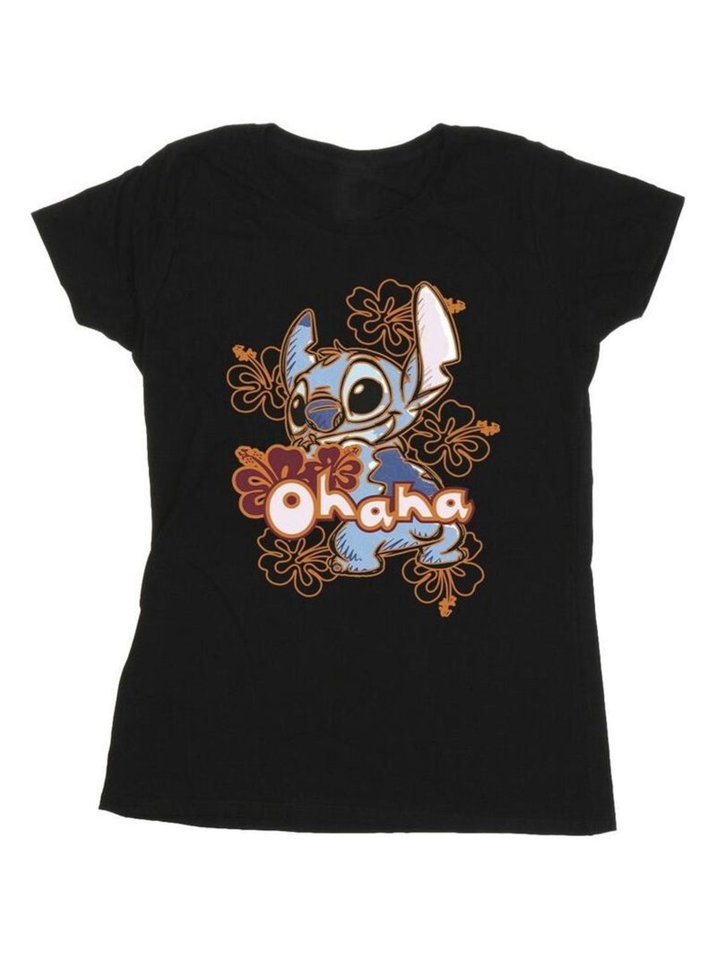 Disney - T-shirt motif Lilo et Stitch motif/style Hibiscus OHANA Noir - Kiabi