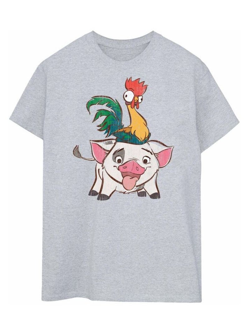 Disney - T-shirt motif Vaiana, Hei Hei et Pua Gris chiné - Kiabi