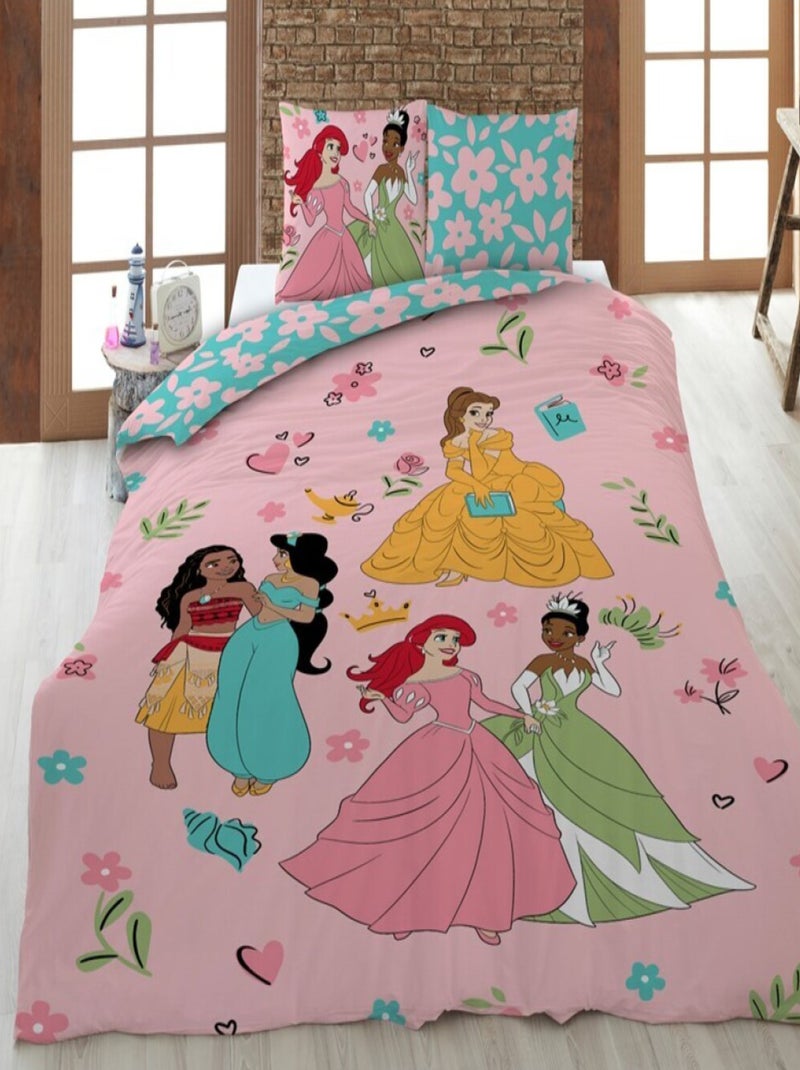 Disney, Parure de Lit 3 pièces, Enfant Imprimée Réversible 100% Coton, PRINCESSES Rose - Kiabi