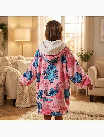 Disney stitch sweat poncho a capuche flanelle enfant 6-12 ans rose