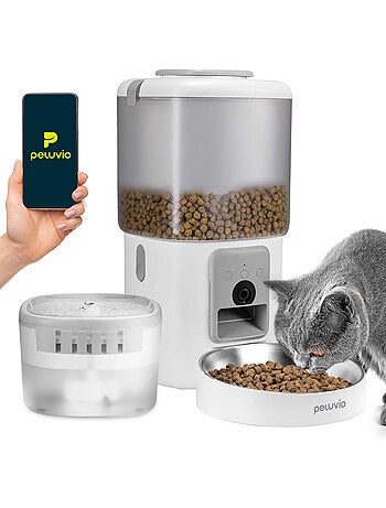 Distributeur Croquettes Chat Automatique 2en1 PELUVIO Feast - Distributeur d'eau - Wi-Fi - 10/jour