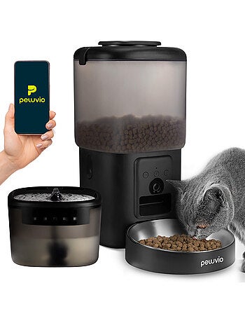 Distributeur Croquettes Chat Automatique 2en1 PELUVIO Feast - Distributeur d'eau - Wi-Fi - 10/jour