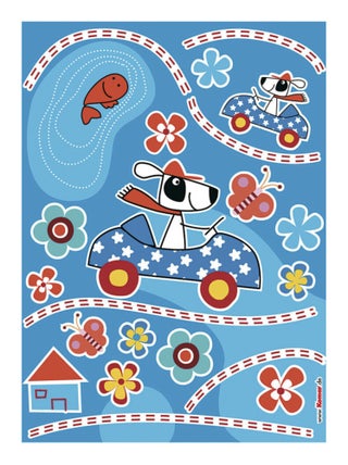 Dog's Day, Sticker mural petit chien dans voiture bleue à étoiles - 50x70 cm