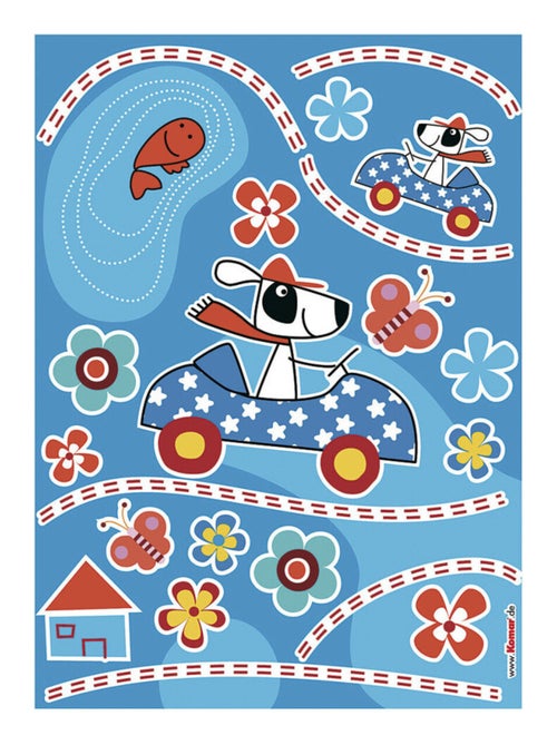Dog's Day, Sticker mural petit chien dans voiture bleue à étoiles - 50x70 cm - Kiabi