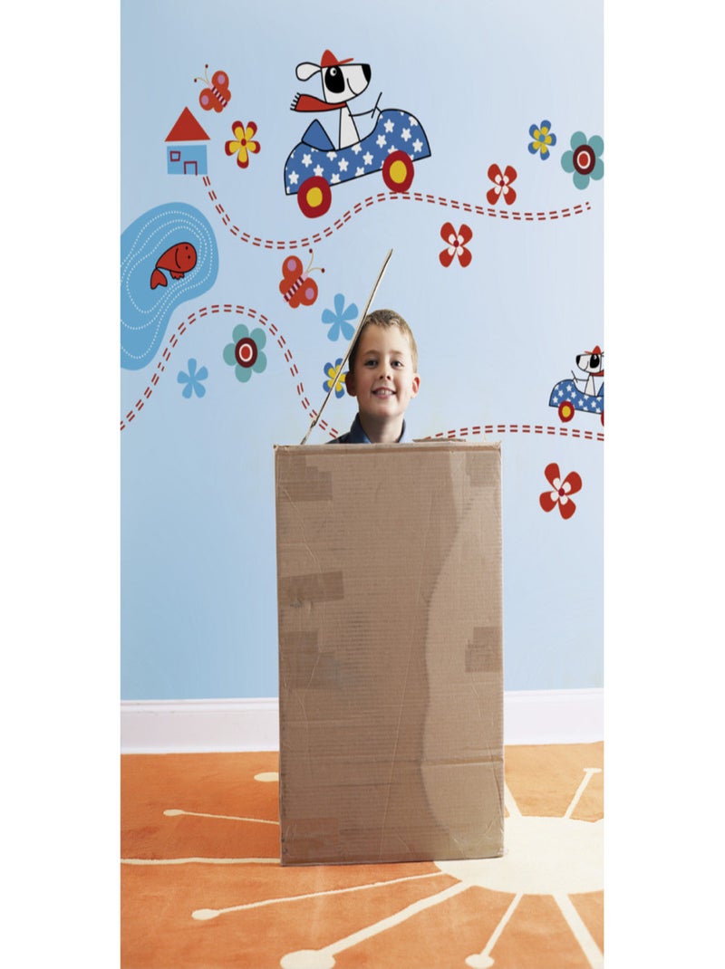 Dog's Day, Sticker mural petit chien dans voiture bleue à étoiles - 50x70 cm Multicolore - Kiabi