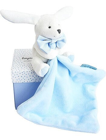 Doudou Lapin Mouchoir bleu boite Fleur