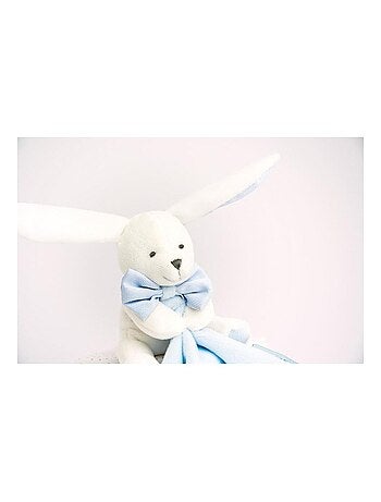Doudou Lapin Mouchoir bleu boite Fleur