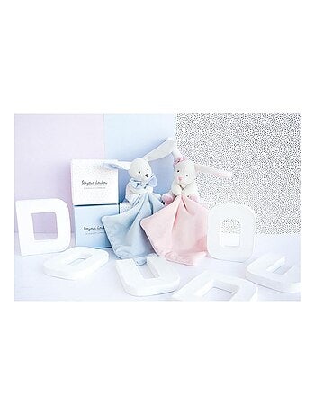 Doudou Lapin Mouchoir bleu boite Fleur