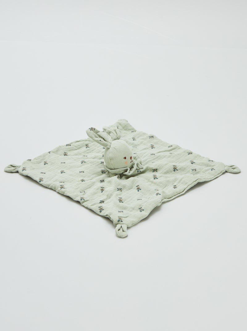 Doudou mouchoir 'lapin' en gaze de coton Vert - Kiabi