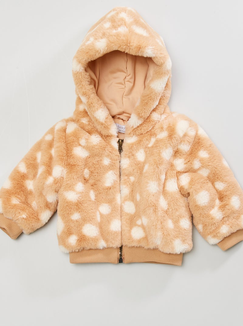 Doudoune à capuche en maille peluche beige - Kiabi