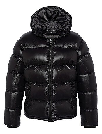 Doudoune à capuche noire matelassée en nylon avec une coupe droite
