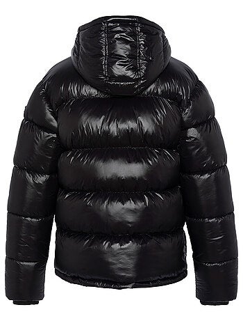 Doudoune à capuche noire matelassée en nylon avec une coupe droite
