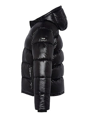 Doudoune à capuche noire matelassée en nylon avec une coupe droite
