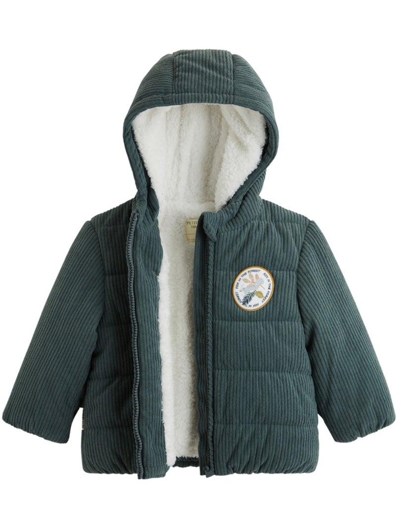 Doudoune bébé en velours côtelé doublée sherpa avec capuche Elliott Vert - Kiabi