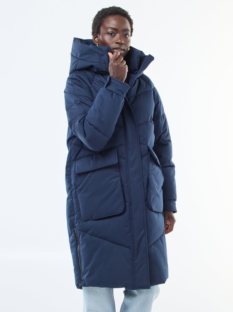 Doudoune chaude longue déperlante à capuche Bleu - Kiabi