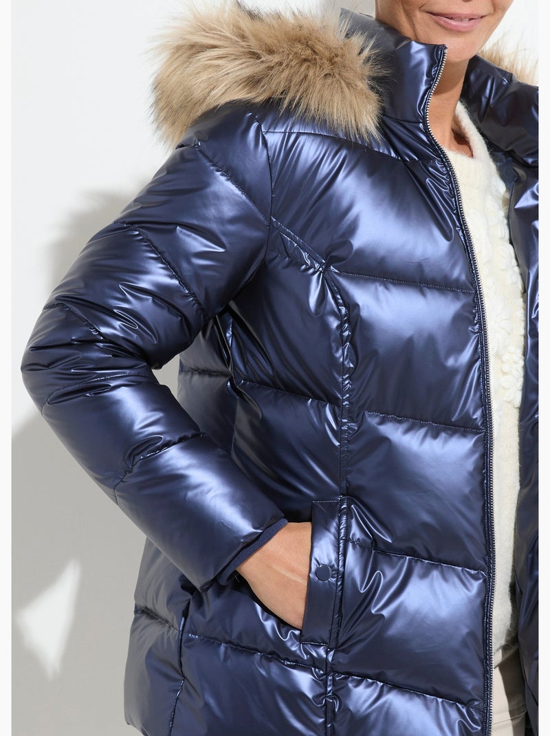 Doudoune courte matelassée à capuche effet métallisé Bleu - Kiabi