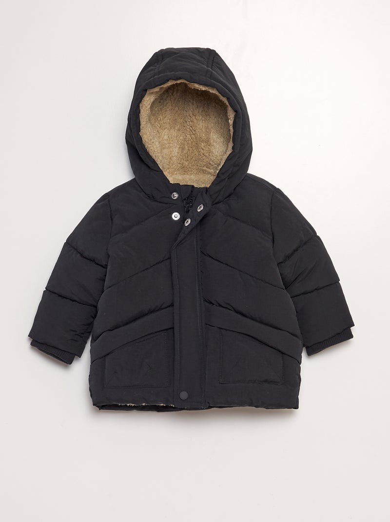 Doudoune effet moutonné à capuche noir - Kiabi