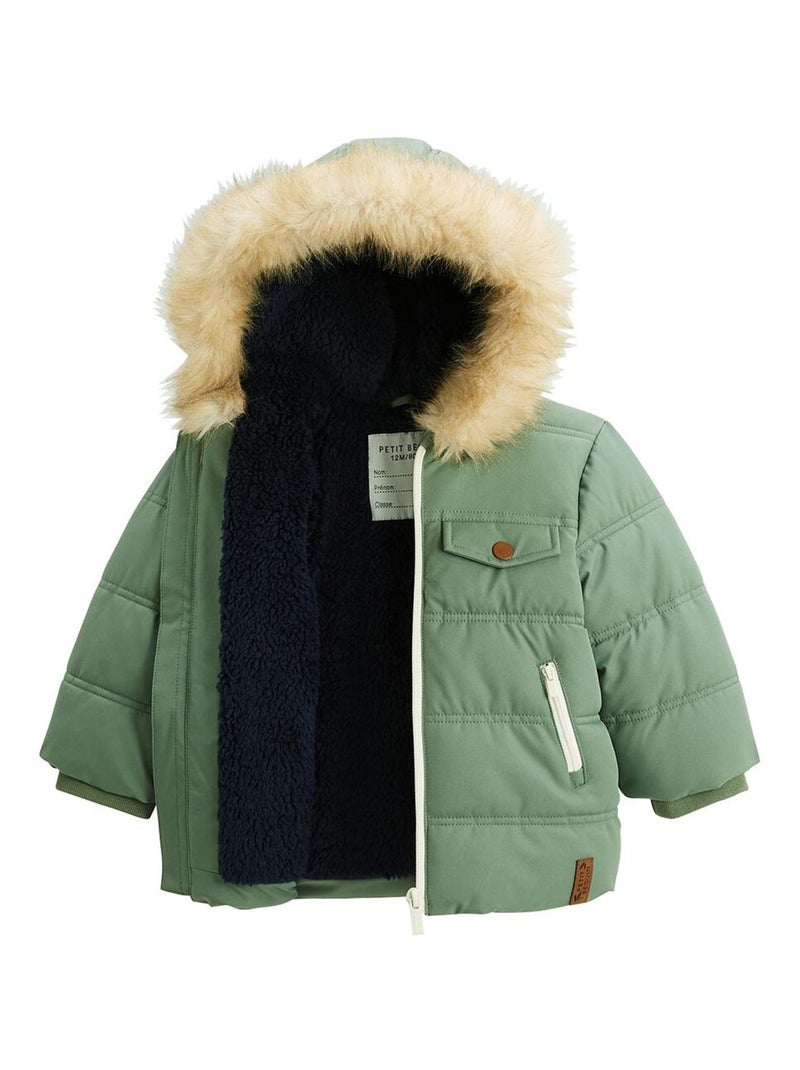 Doudoune enfant imperméable doublée sherpa avec capuche Anouk Kaki - Kiabi