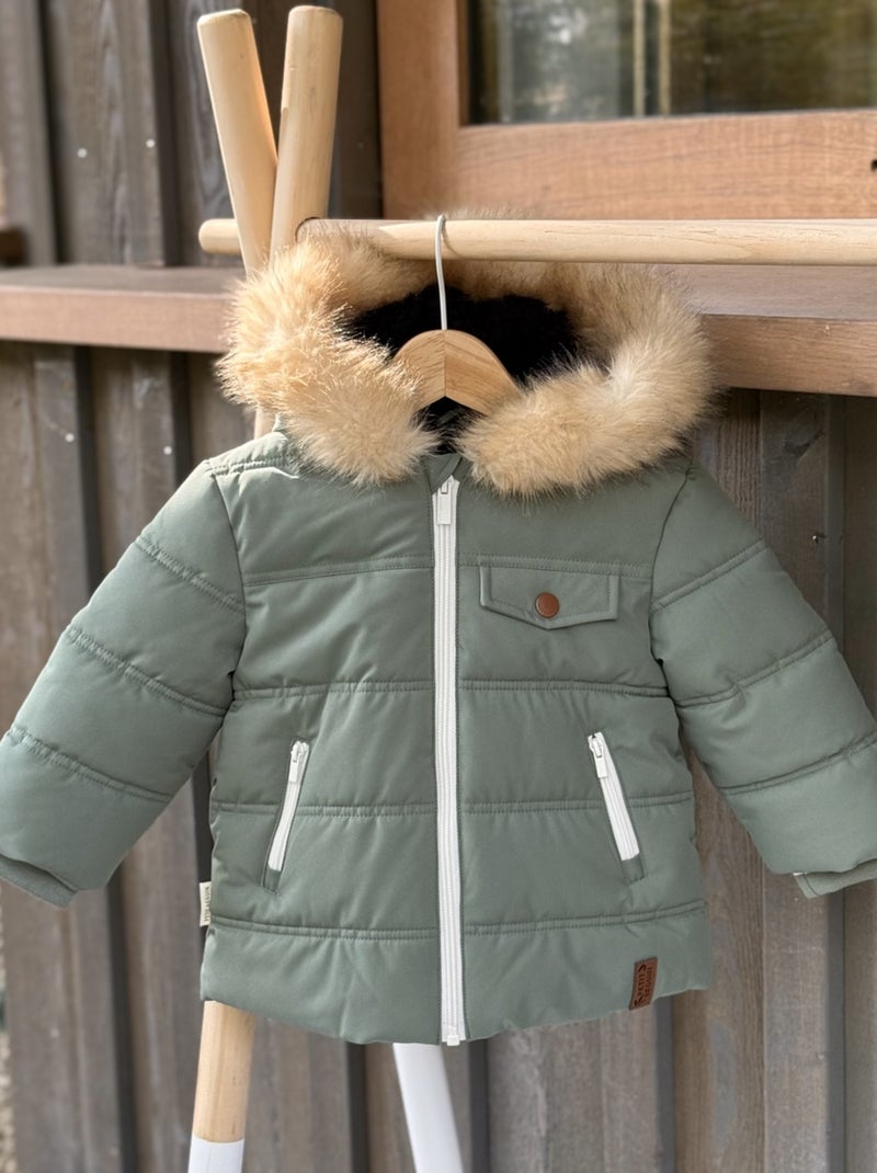 Doudoune enfant imperméable doublée sherpa avec capuche Anouk Kaki - Kiabi