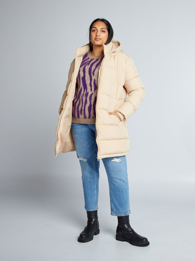 Doudoune longue à capuche Beige - Kiabi