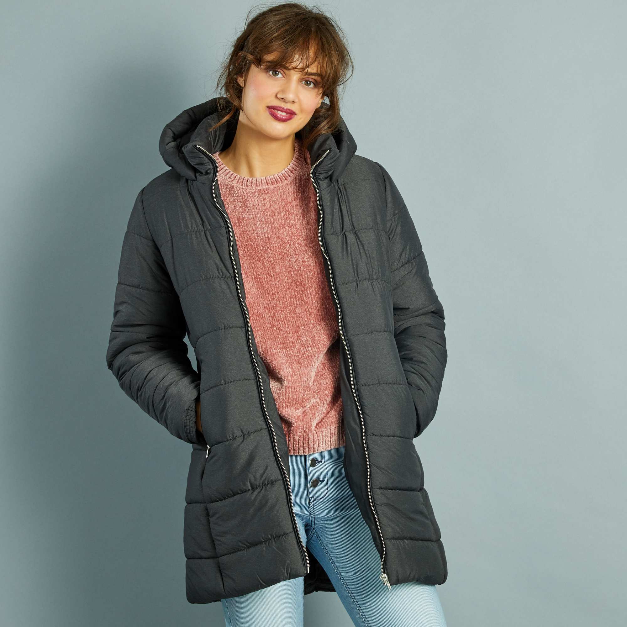 Doudoune longue à capuche Femme - gris - Kiabi - 25,00€