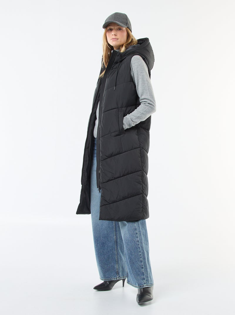Doudoune longue à capuche sans manches Noir - Kiabi