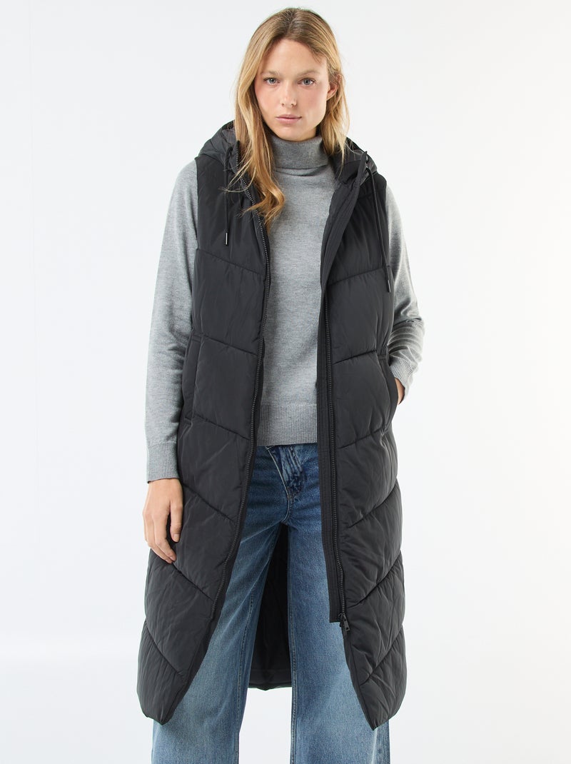 Doudoune longue à capuche sans manches Noir - Kiabi