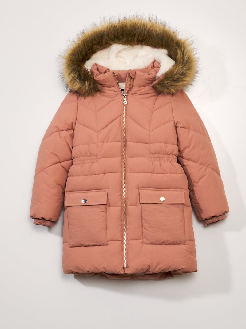 Doudoune longue avec taille resserrée rose - Kiabi
