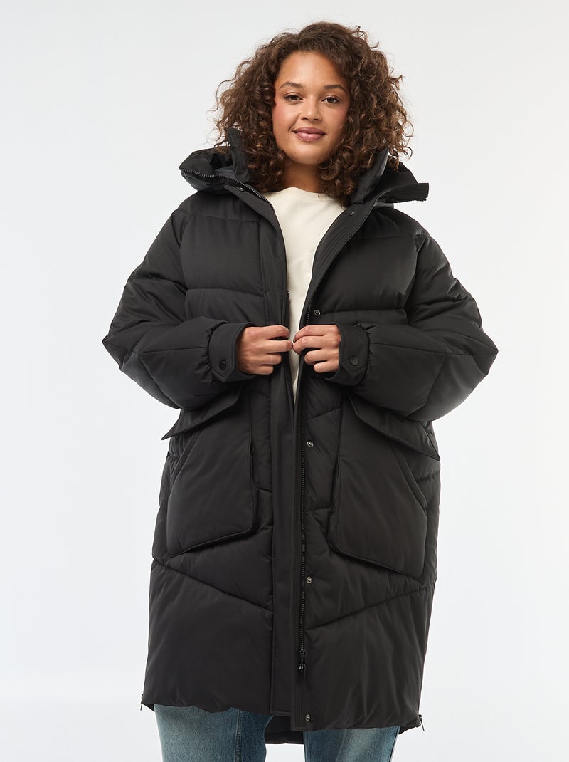 Doudoune longue matelassée à capuche avec poches doublées polaire Noir - Kiabi