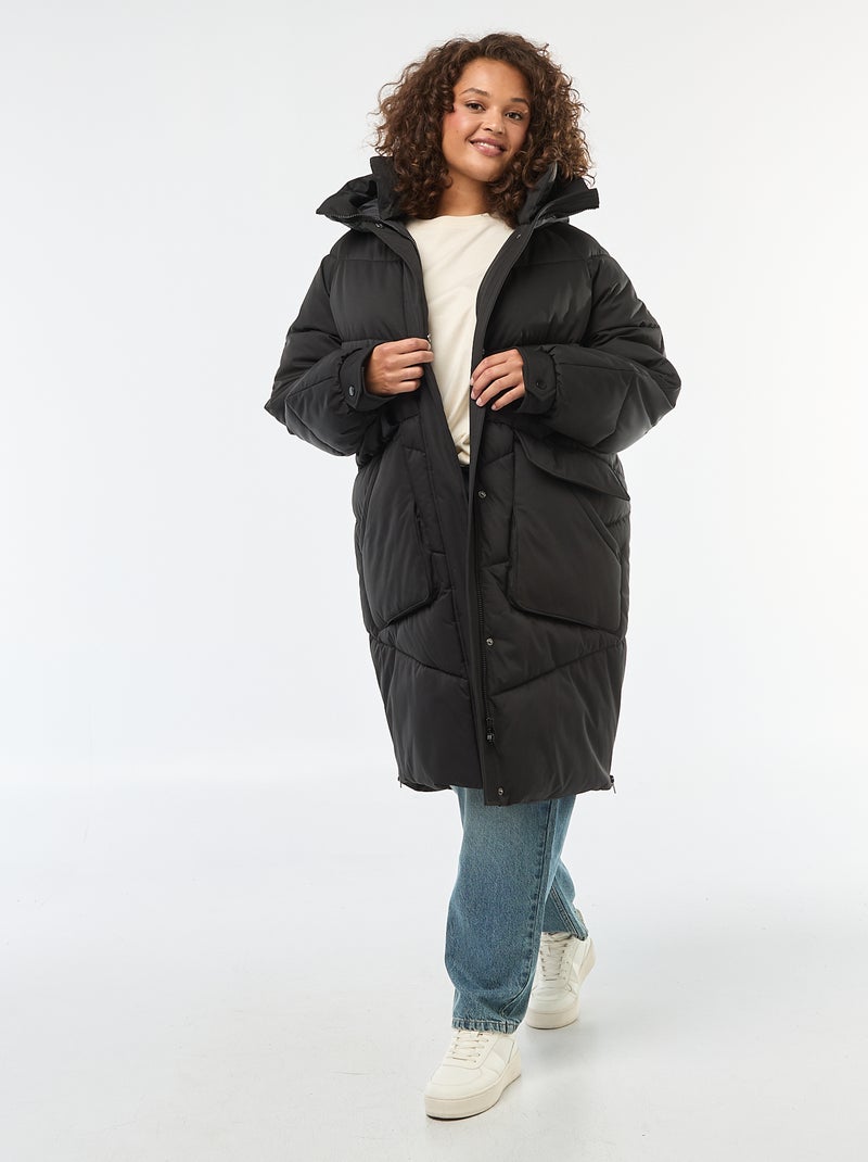 Doudoune longue matelassée à capuche avec poches doublées polaire Noir - Kiabi
